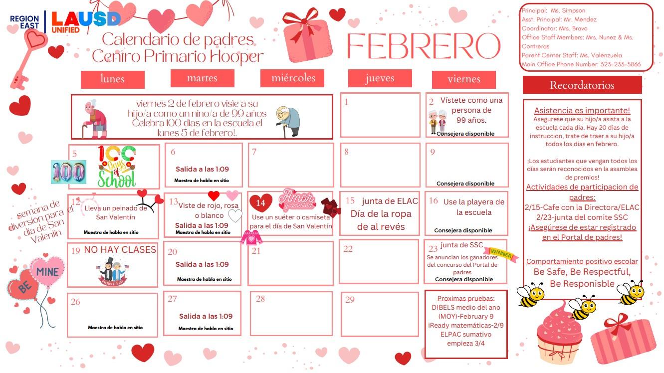 spanish february parent calendar